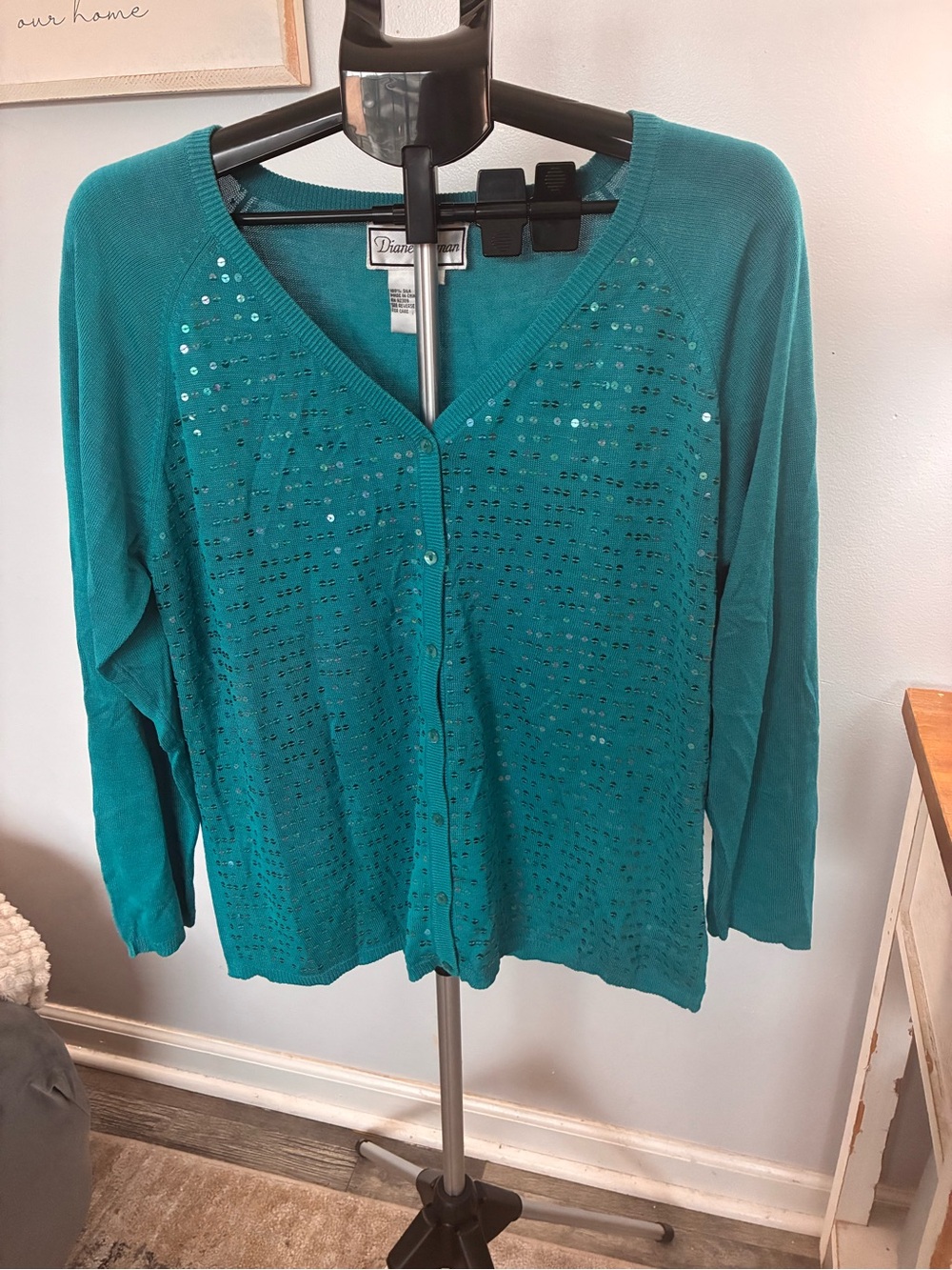Diane Gilman Teal 100%silk Sequin V-Neck Cardigan